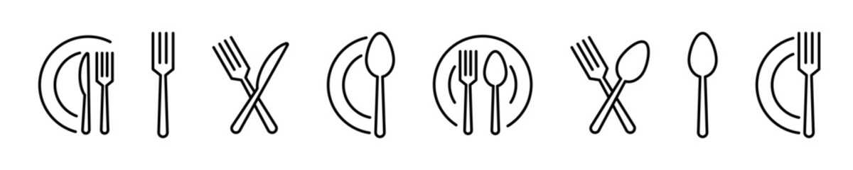 Cutlery vector icon set. Fork, Spoon and Knife icons. Silverware icons. Black silverware icon.