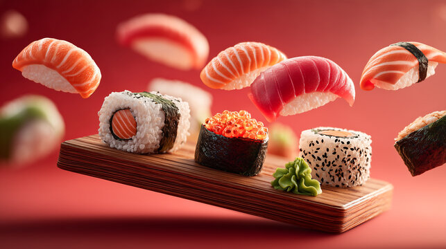 Assorted sushi pieces with salmon, tuna, avocado, and sesame seeds floating above a wooden tray on a pink background. Creative food concept with flying ingredients.