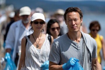 A diverse group of individuals participates in a community beach cleanup, embodying teamwork, environmental care, and unity in preserving nature's beauty.