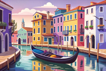 Vector illustration of Venice canal with gondola and colorful houses romantic Italian cityscape perfect for travel, architecture, and cultural destination themes