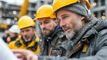 Working men reviewing blueprints in cold weather