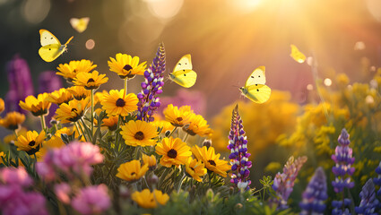 Yellow butterflies flying over vibrant spring flowers meadow