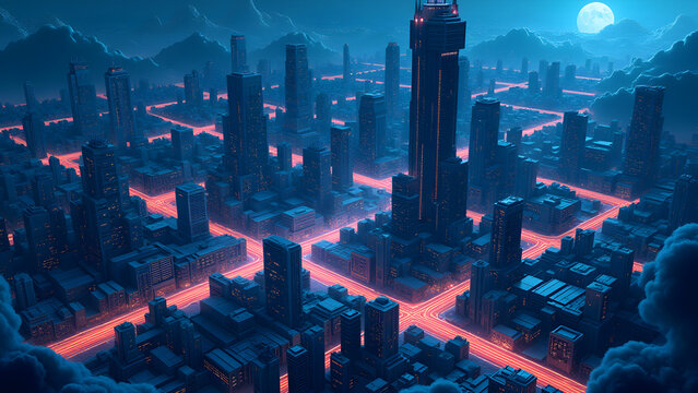 Futuristic city landscape cityscape isometric view Night city Created with technology