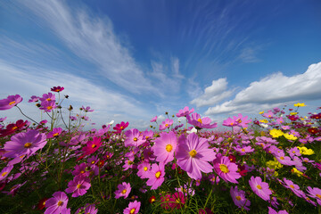 Obraz premium Vibrant cosmos flowers blooming under a sunny sky