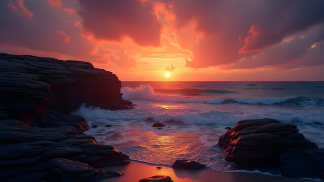 Dramatic Sunset Over Layered Rocks