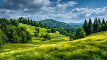 Lush Green Meadow with Rolling Hills and Cloudy Blue Sky Landscape
