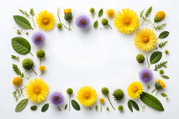 Obraz premium Vibrant yellow and purple flowers frame white background floral design
