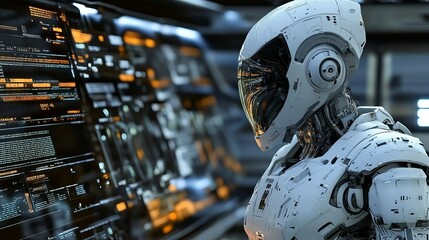 A white futuristic robot looking at a screen displaying data and code in a high tech environment