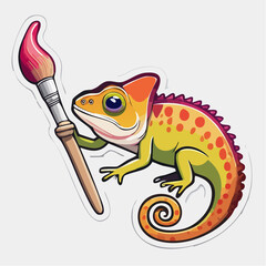 Creative chameleon gripping a paintbrush with its tail, drawn in vibrant cartoon style.