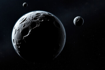 Naklejka premium Planet with craters orbiting in space with moons and stars
