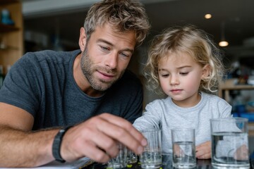 A dedicated father closely examines glass containers filled with water alongside his young daughter, highlighting their shared curiosity and playful learning in a familial setting.