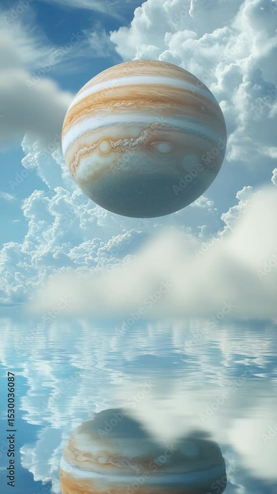 Poster surreal video concept of a giant planet floating above clouds, reflected in water. low-angle view em