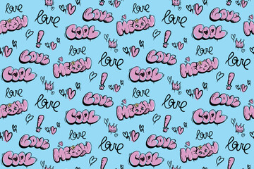 Seamless cartoon doodle pattern with pink graffiti-style words "love", "meow", "cool", plus hearts, crowns, and exclamation marks on blue background. Fun and playful design for kids and teens.