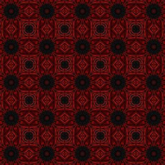 crimson floral kaleidoscope with dark centers, a repeating pattern of stylized blossoms Seamless pattern