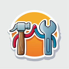 Cartoon hammer and wrench high-fiving, symbolizing teamwork in a cheerful sticker format.
