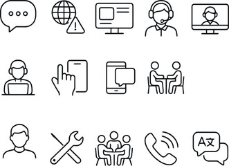 Icons for digital service tools: chat, user interface, mobile, call support, FAQ, hand gestures, and meeting scenes.