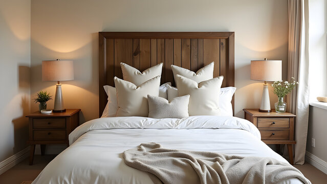 Cozy bedroom interior design featuring rustic wooden headboard and neutral toned bedding