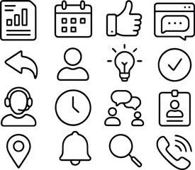 Modern outline icons showing calendars, analytics, approvals, and support tools. Ideal for customer service dashboards and interaction platforms.