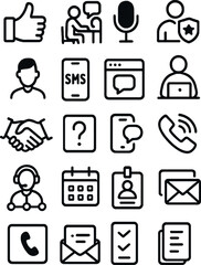 Vector icon set focused on communication, feedback, mobile UI, agents and support ticket flow. Clean and professional for UX applications.