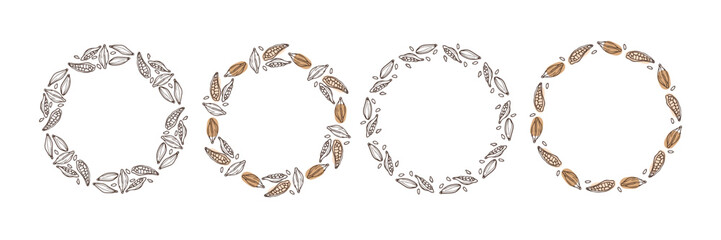 Freehand Round Cardamom Frame set, Wreaths. Doodle Cardamom vector illustrations. Seasoning for food and drinks. Organic product sketch for packaging, sale, shop sign. Flavor cooking ingredient.