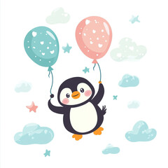 A charming cartoon penguin happily floating with pastel-colored balloons amidst fluffy clouds.