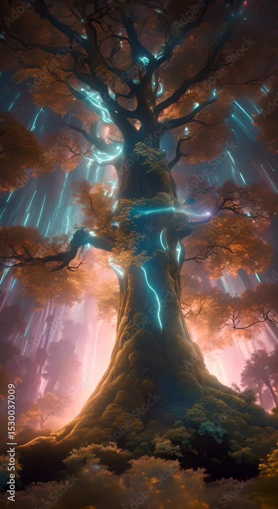 Poster Glowing tree symbolizing connection between nature and technology in a fantasy forest 4K vertical