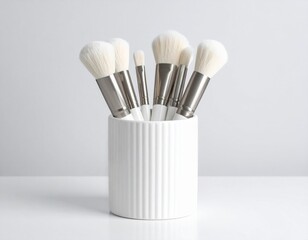 Vaso de cerámica con brochas de maquillaje, sobre fondo blanco.