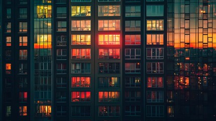 Urban Cityscape at Dusk with Illuminated Windows and Warm Glow