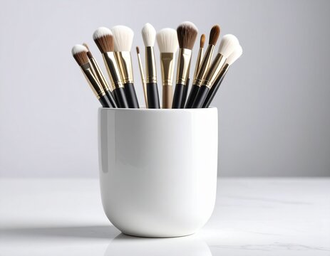 Vaso de cer&aacute;mica con brochas de maquillaje, sobre fondo blanco.