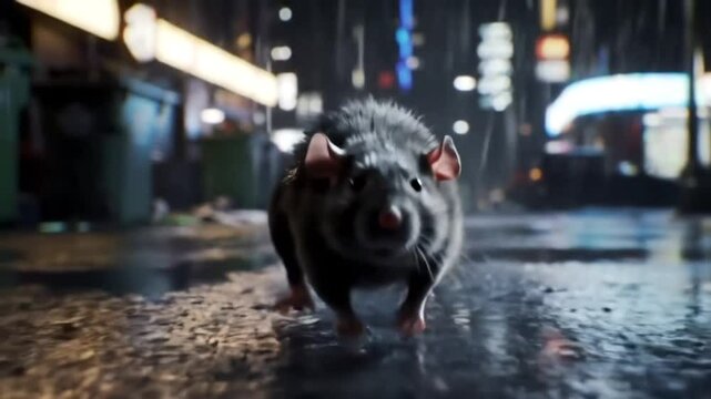 A large rat scurries across a wet street in a city at night with blurred lights behind