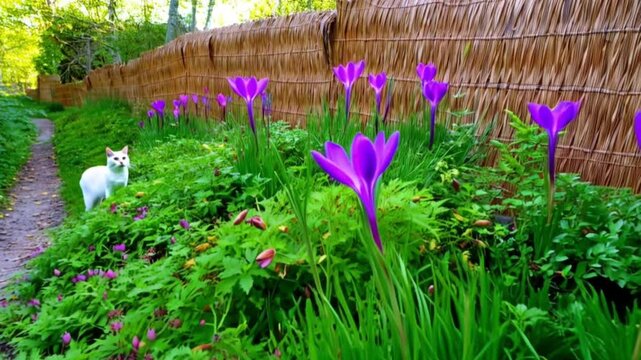 hijau dengan bunga ungu dan pagar anyaman di latar belakang. Pemandangan alam yang tenang dengan kucing yang penasaran. Colchicum musim gugur. Krokus musim gugur, generative AI