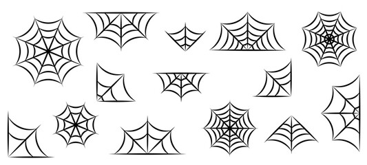 Set of spider web for Halloween. Halloween cobweb, frames and borders, scary elements for decoration.