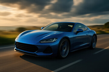 Fototapeta premium Blue Sportscar Driving at Sunset
