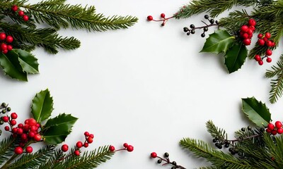 A festive arrangement of evergreen branches with red berries and holly leaves on a white background. Ideal for holiday themes and seasonal decorations. - Powered by Adobe