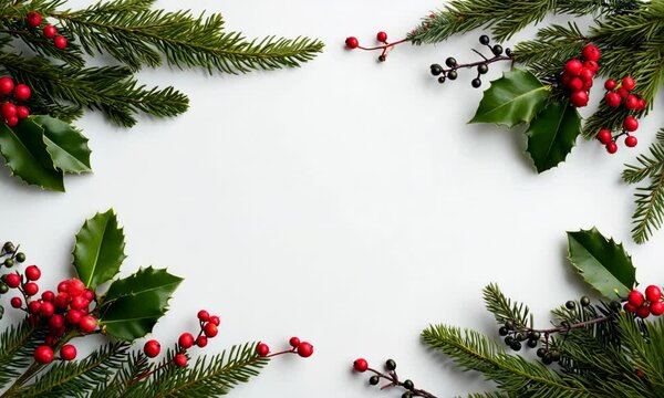 A festive arrangement of evergreen branches with red berries and holly leaves on a white background. Ideal for holiday themes and seasonal decorations.