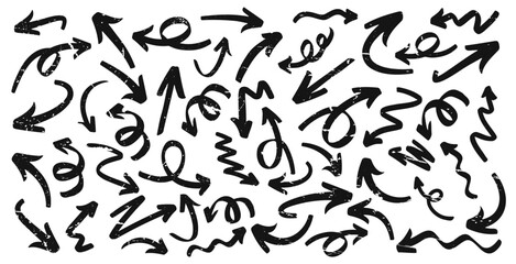 Hand drawn arrows collection. Black grunge hand drawn arrows. Arrow set. Vector arrow icons. Arrows set isolated on white background.