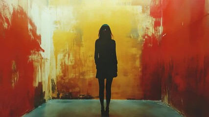 A person standing in front of a red and yellow painting - Powered by Adobe