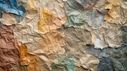 "Colorful crumpled paper collage with torn edges in a patchwork of earthy and pastel tones. High-resolution creative background ideal for design projects, scrapbooking, and textured artwork concepts