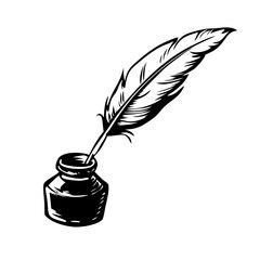 Vintage Feather Quill and Ink Bottle Illustration in Black and White for Writing, Literature, and Art Concepts