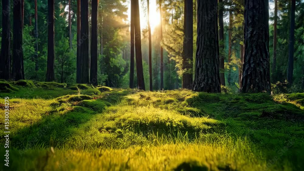 Poster sunlight streams through forest trees onto mossy forest floor, nature environment background in summ