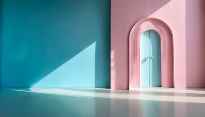 Fototapeta premium pastel pink and blue room with archway and sunlight shadows