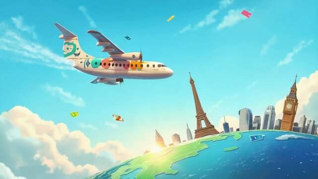 Colorful airplane flying above famous world landmarks with floating envelopes in the sky. Concept of global communication and international travel.