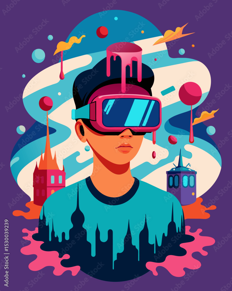 Poster a virtual reality experience where the users surroundings and perspective constantly shift and disto