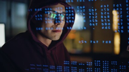 IT programmer hands typing computer code data hologram closeup. Engineer working - Powered by Adobe