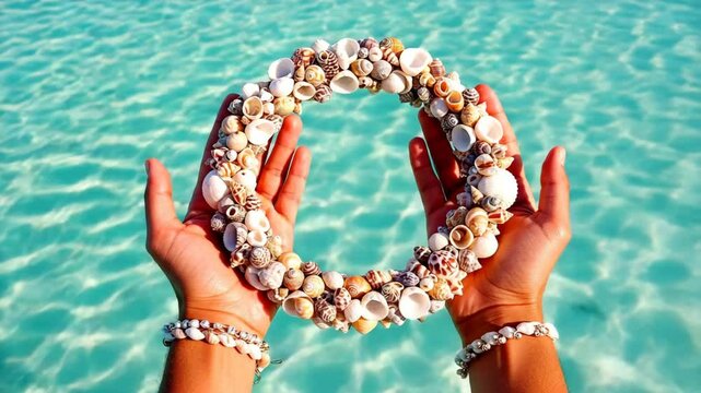 Hands holding a circular seashell wreath above clear turquoise water  