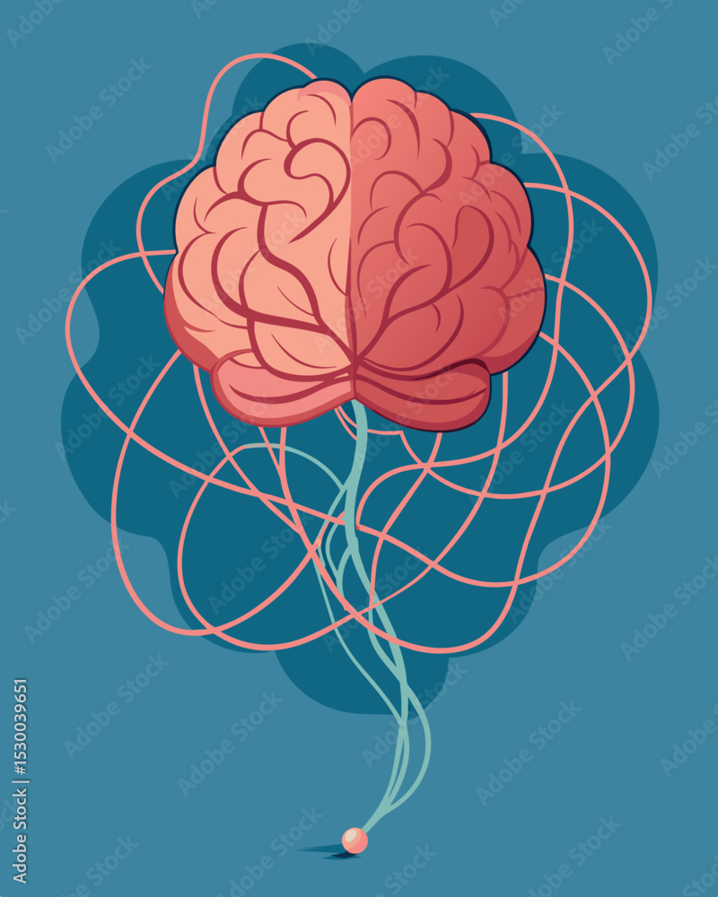 Poster an anatomical model of a brain with the pathways made of tangled strings representing the convoluted