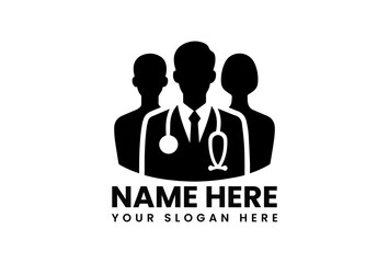 Modern black vector logo featuring diverse medical professionals including male physician with stethoscope and female coworkers