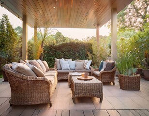 Fototapeta premium serene outdoor patio oasis with cozy wicker furniture