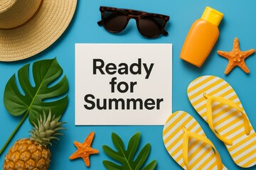Flat lay of summer essentials with hat, flip flops, sunscreen and sunglasses around a "Ready for Summer" sign on blue.








