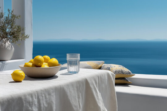 Whitewashed terrace with linen cloth over table, bowl of lemons, glass of water, and sea horizon in background.